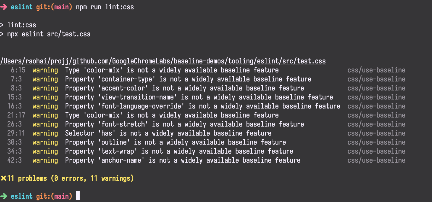 使用 eslint 的 css/use-baseline 规则来检测特性是否广泛可用